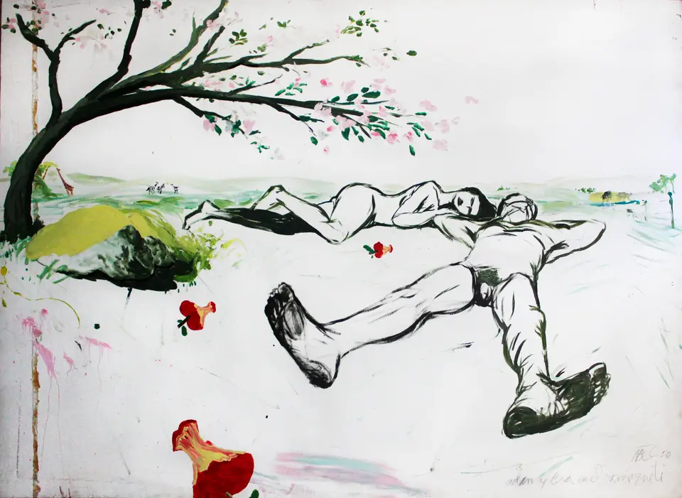 Adán y Eva en el Serengueti, acrílico sobre lienzo, 2010, Noel Morera Cruz