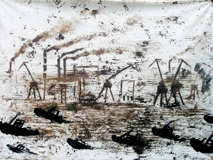 Buscando a Craket, desechos petrolíferos de la bahía de la habana sobre lienzo, 2007, Noel Morera Cruz