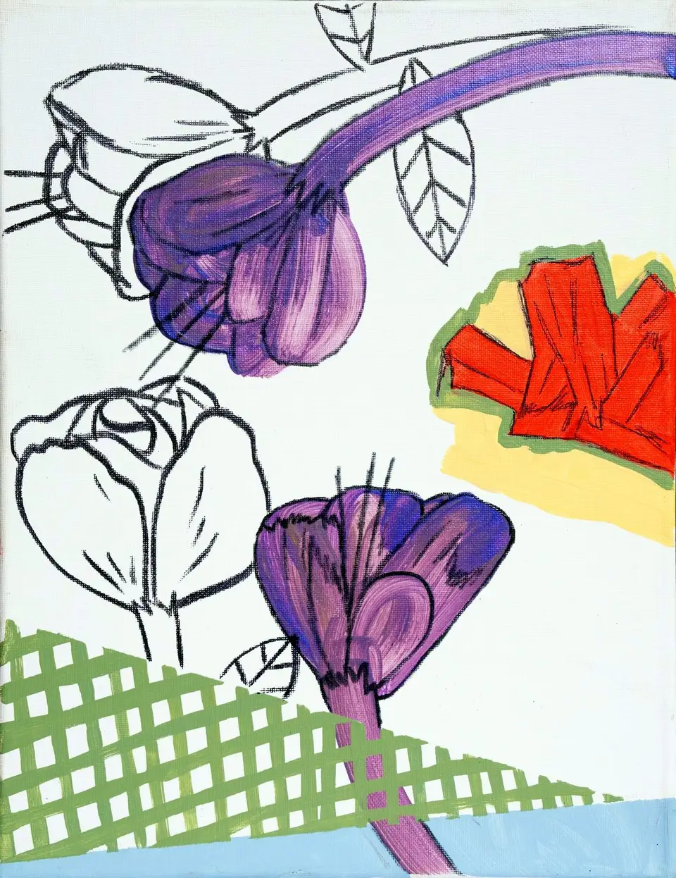 N.º 7, pintura sobre tela: flores violetas y una flor roja, Noel Morera Cruz