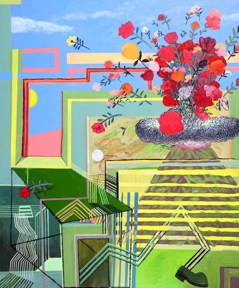 N.º 8, pintura sobre tela: jarrón de flores rojas sobre una arquitectura geométrica, Noel Morera Cruz