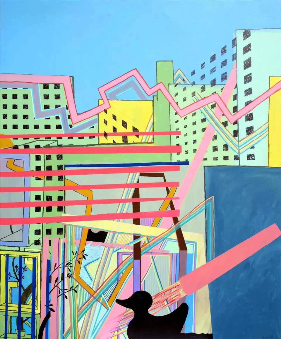 Obra sin título conocido, pintura sobre tela: ciudad de edificios y franjas de colores, Noel Morera Cruz