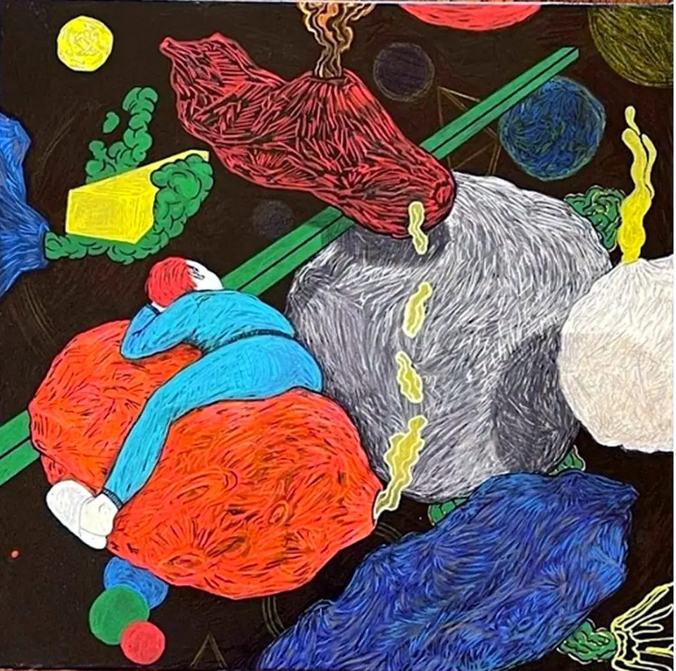 Obra sin título conocido, pintura sobre tela: un abrazo entre formas sobre fondo negro, Noel Morera Cruz