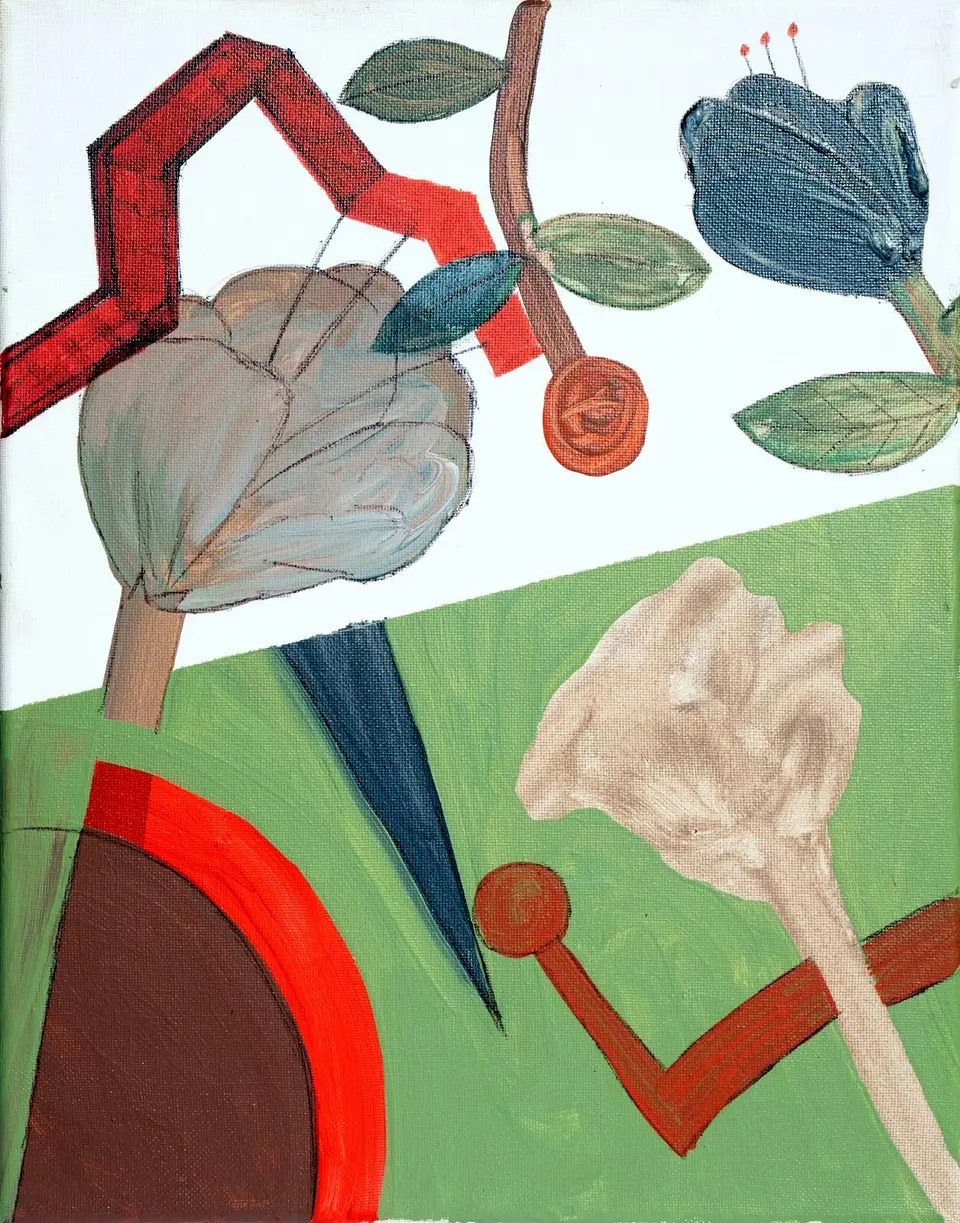 Obra sin título conocido, pintura sobre tela: flores grises y formas geométricas, Noel Morera Cruz