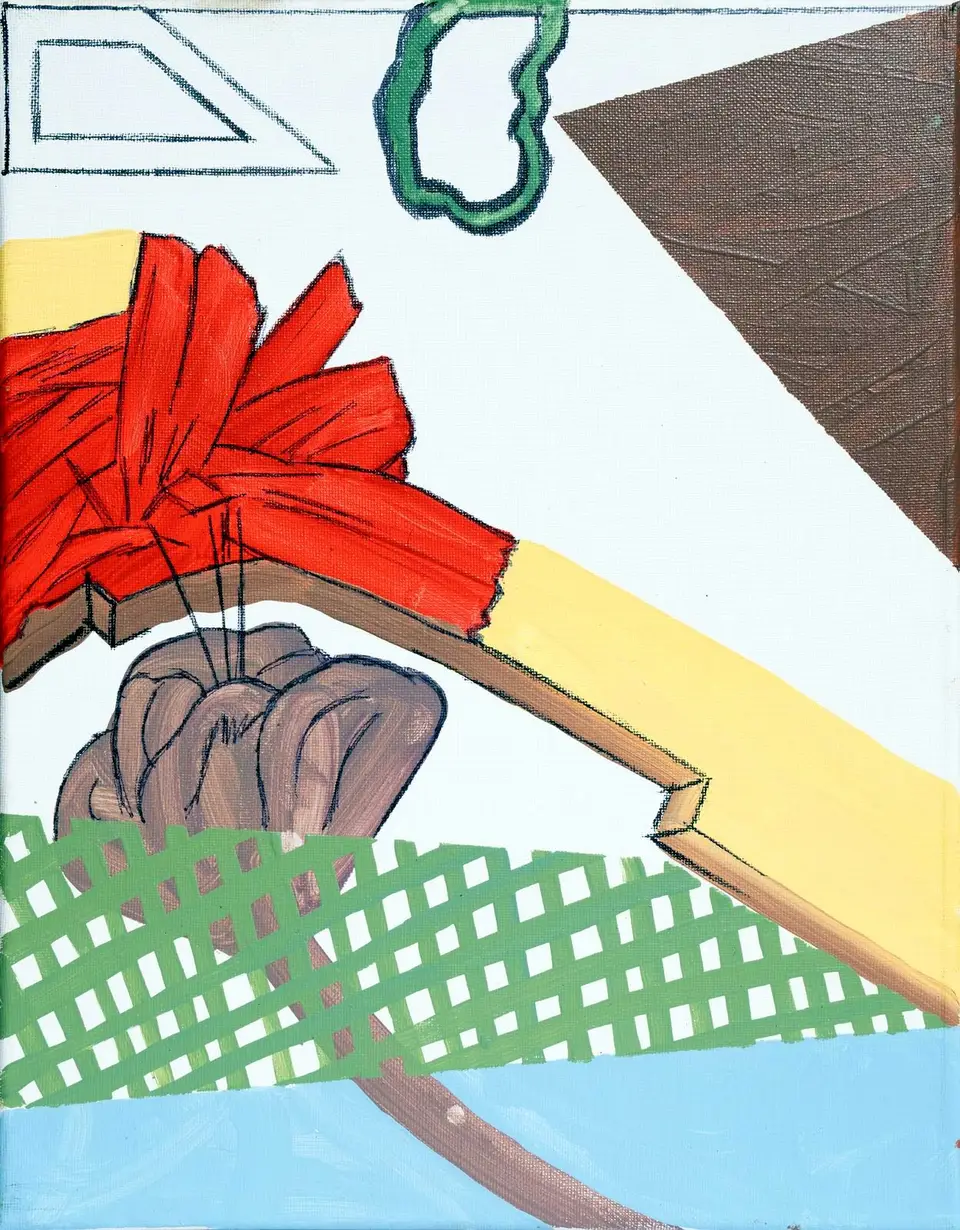 Obra sin título conocido, pintura sobre tela: flor roja sobre una retícula verde, Noel Morera Cruz