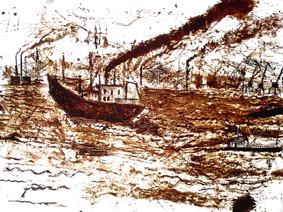 Puerto n.º 100, desechos petrolíferos de la bahía de la habana sobre lienzo, 2006, Noel Morera Cruz