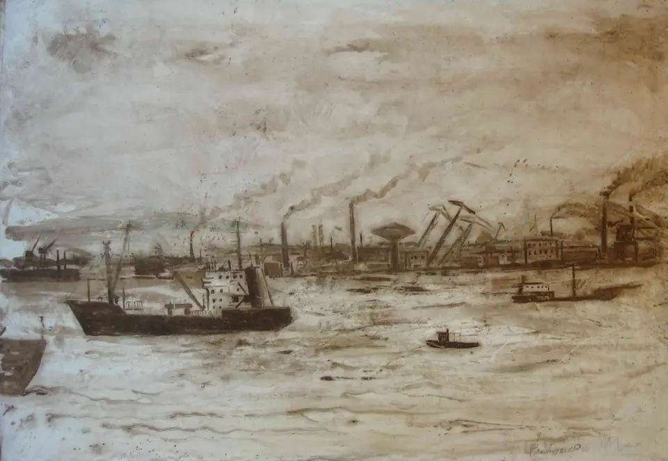 Puerto n.º 20, desechos petrolíferos de la bahía de la habana sobre lienzo, Noel Morera Cruz