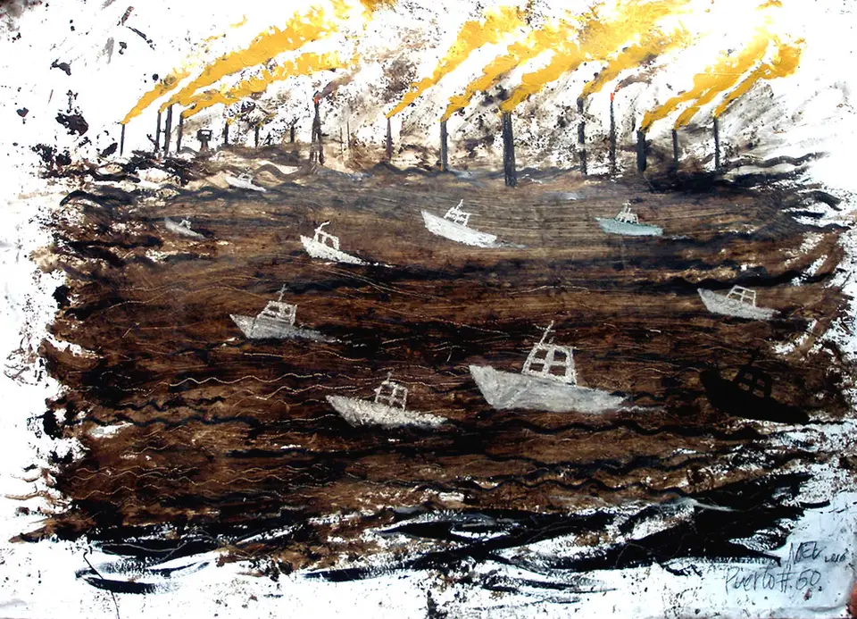 Puerto n.º 50, desechos petrolíferos de la bahía de la habana sobre lienzo, 2006, Noel Morera Cruz